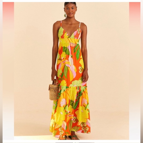 🍍FARM Rio Neon Floral Tiered Cotton Maxi Dress - Picture 4 of 7